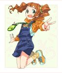  1girl brown_hair full_body green_eyes hair_ornament hair_scrunchie happy highres hood hoodie idolmaster idolmaster_(classic) jumping long_hair looking_at_viewer loose_socks oda_ya_ka open_mouth orange_hoodie overalls scrunchie shoes smile sneakers socks solo takatsuki_yayoi twintails v 