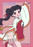  1girl :d arm_up bell black_hair blush_stickers cardcaptor_sakura character_request commentary dated double_bun dress floating_hair hair_bun highres jingle_bell li_meiling long_hair long_sleeves looking_at_viewer neki_(wakiko) outstretched_arms pink_background red_dress red_eyes red_footwear shoes shorts shorts_under_dress smile solo standing standing_on_one_leg twintails twitter_username white_shorts wide_sleeves 