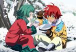  1girl blue_eyes full_body fumiko_(mesushi) gloves open_mouth outdoors skirt snow snowball tales_of_(series) tales_of_eternia 