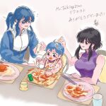  1boy 2girls baby bib black_hair blue_hair broccoli child chopsticks commission commissioner_upload eating family father_and_daughter fire_emblem fire_emblem:_genealogy_of_the_holy_war food food_on_face fork highres if_they_mated larcei_(fire_emblem) mother_and_daughter multiple_girls napkin noodles pasta plate ponytail purple_tunic seliph_(fire_emblem) sidelocks smile spaghetti ta_dasu_(tadasu_hayashi) table tunic 