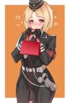  1girl armband bag black_gloves black_headwear black_jacket black_skirt blonde_hair blush border brown_eyes garrison_cap girls_frontline gloves half_gloves hat heart highres holding holding_bag jacket long_sleeves looking_at_viewer medium_hair mp40_(girls&#039;_frontline) orange_background red_armband red_bag skirt smile solo toryu_fufu white_border 