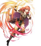  1girl attack black_footwear boots breasts cape celica_(fire_emblem) celica_(warrior_princess)_(fire_emblem) celica_(warrior_princess)_(resplendent)_(fire_emblem) fire_emblem fire_emblem_echoes:_shadows_of_valentia fire_emblem_heroes glowing glowing_weapon highres holding holding_sword holding_weapon medium_breasts medium_hair non-web_source official_alternate_costume official_art open_mouth pelvic_curtain red_eyes redhead running shoulder_pads solo sword thigh_boots wavy_hair weapon yellow_cape 