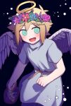  1boy :d alternate_costume angel_wings basil_(headspace)_(omori) basil_(omori) basket blonde_hair blue_background blue_eyes blue_flower blue_rose blush bright_pupils cowboy_shot dress feathered_wings flower flower_wreath from_side halo head_wreath highres holding holding_basket ja6m6 leaf looking_at_viewer male_focus no_sclera omori open_mouth rose short_hair signature simple_background smile solo standing twitter_username white_dress white_pupils wings 