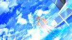  1girl absurdres ahoge bed blonde_hair blue_eyes blue_sky character_request clouds collagen dress expressionless flat_chest full_body highres key_visual long_hair official_art outstretched_arm promotional_art ripples sky solo table teikan_no_eve_bethel water water_drop wavy_hair white_dress 