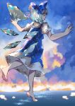  1girl :d aojirozame1228 aqua_eyes bare_legs barefoot blue_bow blue_dress bow bright_pupils cirno detached_wings dress feet flying full_body hair_bow highres ice ice_wings looking_at_viewer looking_back mountainous_horizon multicolored_sky ocean open_hands open_mouth outdoors outstretched_arms profile puffy_short_sleeves puffy_sleeves shirt short_sleeves sky smile soles solo teeth touhou upper_teeth_only white_pupils white_shirt wings 