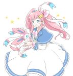  1girl blue_eyes crossover dress flower gundam gundam_seed gundam_seed_destiny gundam_seed_freedom hair_ornament hair_ribbon hemisphere lacus_clyne long_dress long_hair long_sleeves open_mouth pink_hair pokemon pokemon_(creature) prehensile_ribbon ribbon simple_background smile sylveon twintails very_long_hair white_background 