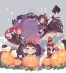  3girls :d black_dress black_hair blue_eyes book bow brown_hair commentary_request dress frilled_dress frilled_hairband frills full_body gaaruru_(pripara) gajira_(pripara) ghost hairband halloween halloween_costume headphones holding holding_book horns jack-o&#039;-lantern kaijuu kurosu_aroma leaf long_hair long_sleeves looking_at_viewer machico_maki mini_person minigirl multiple_girls necktie open_book open_mouth outstretched_arms ponytail pretty_series pripara pumpkin purple_bow red_horns redhead shiratama_mikan sidelocks smile spread_arms standing striped_clothes striped_thighhighs thigh-highs twintails very_long_hair yellow_eyes yellow_necktie 