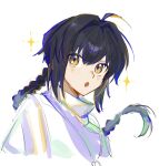  1other :o ahoge black_hair blush braid fate/samurai_remnant fate_(series) hair_between_eyes highres long_hair looking_at_viewer open_mouth other_focus solo sparkle tokoni_fusu white_background yamato_takeru_(fate) yellow_eyes 