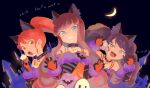  3girls :d animal_ear_fluff bare_shoulders black_collar black_gloves black_hair blue_eyes brown_hair claw_pose collar commentary_request cowboy_shot crescent dress eating food food_on_face fur-trimmed_dress fur_trim gaaruru_(pripara) gloves halloween halloween_costume hands_up headphones holding holding_food kurosu_aroma long_hair looking_at_viewer machico_maki multiple_girls open_mouth ponytail pretty_series pripara redhead shiratama_mikan sidelocks smile standing twintails 