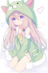  1girl :3 animal_hood coat full_body green_coat green_hood highres hood kneeling light_brown_hair long_hair looking_at_viewer original simple_background violet_eyes white_background yottacc 