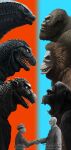  2boys absurdres animal ape character_request copyright_request crossover dinosaur e_senior_0826 eiji_tsuburaya fangs giant giant_monster glowing godzilla godzilla:_king_of_the_monsters godzilla_(monsterverse) godzilla_(series) godzilla_vs._kong godzilla_vs_king_kong gorilla handshake highres jaw kaijuu king_kong king_kong_(series) kong:_skull_island kong_(monsterverse) monster monsterverse multiple_boys open_mouth oversized_animal real_life rivals scales sharp_teeth spines standing tail teeth tokusatsu willis_o&#039;brien yellow_eyes 