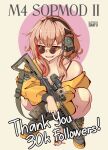  1girl absurdres artist_name assault_rifle black_nails brown_hair can cigarette english_text girls_frontline glasses gun highres holding holding_can holding_cigarette jacket lemonade m4_carbine m4_sopmod_ii_(girls&#039;_frontline) multicolored_hair optical_sight red_eyes rifle sign snafu_(snafy_snu) solo squatting streaked_hair warning_sign weapon white_background yellow_jacket 