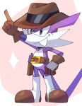  1boy belt brown_belt brown_footwear brown_gloves brown_headwear fang fang_the_sniper fedora furry furry_male gloves hand_on_own_hip hat highres holster plus2sf pointing solo sonic_(series) two-tone_footwear white_footwear 