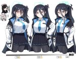  &lt;key&gt;_(robot)_(blue_archive) absurdly_long_hair alternate_breast_size aqua_halo black_hair black_hairband blue_archive blue_hair blue_necktie breasts collared_shirt dark_blue_hair disgust green_halo hairband halo highres jacket large_breasts long_hair long_hair_between_eyes long_sleeves looking_at_viewer multiple_girls necktie red_eyes sashu_(thershr6s) shirt simple_background skirt square_halo thigh-highs translation_request very_long_hair white_background white_shirt 