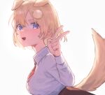  1girl :d animal_ears blonde_hair blue_eyes bob_cut brown_skirt collared_shirt commentary dog_ears dog_tail extra_ears fang hair_ornament high-waist_skirt highres hololive hololive_english kiwwwwwi leaning_forward long_sleeves looking_at_viewer looking_to_the_side monocle necktie open_mouth red_necktie shirt short_hair short_necktie simple_background skirt smile solo tail upper_body v virtual_youtuber watson_amelia watson_amelia_(1st_costume) white_background white_shirt 