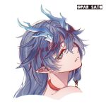  1girl alternate_design blue_eyes blue_hair dragon_horns earrings fu_hua grey_hair hair_over_one_eye highres honkai:_star_rail honkai_(series) horns jewelry long_hair looking_at_viewer par_sato simple_background single_horn solo tassel tassel_earrings twitter_username white_background 