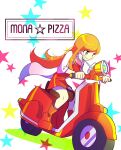  1girl blue_eyes coat dress english_text highres long_hair mona_(warioware) motor_vehicle offbeat on_scooter open_clothes open_coat orange_hair red_dress red_footwear scooter smile star_(symbol) starry_background warioware white_background white_coat 