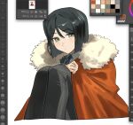  1boy art_program_in_frame black_hair black_pants cape clip_studio_paint clip_studio_paint_(medium) cold collared_shirt cropped_legs fate/zero fate_(series) fur-trimmed_cape fur_trim grey_eyes hair_between_eyes highres looking_at_viewer male_focus necktie orange_cape pants shirt short_hair snot tokoni_fusu waver_velvet 