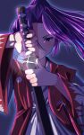  1girl ahodemoaru drawing_sword glowing highres holding holding_sword holding_weapon japanese_clothes katana kimono long_hair meira_(touhou) ponytail purple_hair red_vest simple_background sword touhou touhou_(pc-98) twitter_username vest violet_eyes weapon white_kimono wide_sleeves 