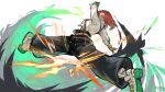  1girl absurdres arm_up artist_name belt black_pants buttons clover_print collared_shirt dated explosion fingerless_gloves fire frown giovanna_(guilty_gear) gloves green_fire grey_hair guilty_gear guilty_gear_strive highres hua_ha_jiazi jumping long_sleeves looking_at_viewer medium_hair multicolored_hair orange_belt outstretched_arm pants red_gloves redhead sandals shirt shoe_soles solo spread_legs strap streaked_hair two-tone_hair white_background white_footwear white_shirt 