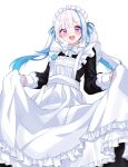  1girl :d alternate_costume apron black_shirt blue_hair blush brooch collared_shirt cowboy_shot dot_nose enmaided floating_hair frilled_apron frilled_skirt frills highres hoshino_reiji jewelry lize_helesta long_bangs long_hair long_skirt long_sleeves looking_at_viewer maid maid_headdress multicolored_hair name_tag neck_ribbon nijisanji open_mouth ribbon shirt sidelocks simple_background skirt skirt_hold smile solo teeth twintails two-tone_hair upper_teeth_only violet_eyes virtual_youtuber white_apron white_background white_hair white_ribbon white_skirt 