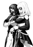  2girls bang_dream! bang_dream!_it&#039;s_mygo!!!!! blue_eyes breasts closed_mouth clothing_cutout coat commentary corset crossed_arms deerwhisky gloves greyscale long_hair long_sleeves mask masquerade_mask medium_breasts medium_hair misumi_uika monochrome mouth_mask multiple_girls pants shoulder_cutout simple_background skirt spot_color violet_eyes yahata_umiri 