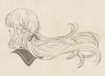  1girl absurdres artist_name bow braid chiori_n eyelashes floating_hair french_braid from_behind hair_bow highres long_hair monochrome original sailor_collar simple_background solo upper_body 
