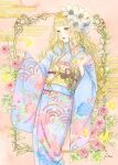  1girl absurdres blonde_hair blue_kimono bug butterfly commentary_request feet_out_of_frame floral_print flower green_eyes hair_flower hair_ornament hanasaki_taru highres hydrangea_print japanese_clothes kimono leaf lily_(flower) long_hair looking_at_object obi original painting_(medium) picture_frame pink_background pink_flower pink_rose pink_trim plant print_kimono print_sash red_lips rose sash signature standing traditional_media vines watercolor_(medium) wavy_hair white_flower wide_sleeves yellow_butterfly yellow_sash 