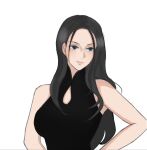 1girl black_dress black_hair commentary dress highres light_smile long_hair looking_to_the_side nico_robin one_piece sidelocks simple_background solo upper_body white_background yang77780185 