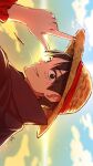  1boy black_eyes black_hair commentary english_commentary hat highres looking_at_viewer male_focus monkey_d._luffy mouth_hold nurel one_piece outdoors scar scar_on_cheek scar_on_face short_hair signature smile solo straw_hat teeth 