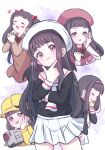  1girl black_eyes black_hair black_shirt blunt_bangs camera cardcaptor_sakura closed_mouth daidouji_tomoyo flower giorgio_(yo_sumire_sola1) hand_on_own_cheek hand_on_own_face hat heart holding holding_camera interlocked_fingers long_hair long_sleeves looking_at_viewer multiple_views neckerchief open_mouth own_hands_clasped own_hands_together pleated_skirt red_headwear sailor_collar school_uniform shirt skirt smile tearing_up tomoeda_elementary_school_uniform twintails video_camera white_headwear white_neckerchief white_sailor_collar white_skirt yellow_headwear 