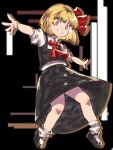  1girl aojirozame1228 ascot bare_arms bare_legs black_background black_footwear black_skirt black_vest blonde_hair bob_cut bow bright_pupils clenched_teeth collared_shirt drop_shadow full_body grin hair_bow highres looking_to_the_side mary_janes open_hands outstretched_arms rectangle red_ascot red_bow red_eyes rumia shirt shoes short_hair short_sleeves skirt smile socks solo standing teeth touhou vest white_pupils white_shirt white_socks 