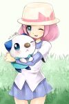  1girl artist_name blue_eyes blue_skirt blush commentary_request hat holding holding_pokemon long_hair ms_sa00 one_eye_closed open_mouth oshawott pink_hair pokemon pokemon_(creature) pokemon_bw2 shirt skirt white_headwear white_shirt yancy_(pokemon) 