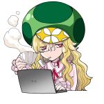  1girl bad_id blonde_hair character_request check_character computer cup dress green_headwear holding holding_cup laptop looking_to_the_side mushroom_hat nasu_kinoko neck_ribbon personification pink_dress red_eyes red_ribbon ribbon sasaki_shounen simple_background smoking_pipe solo teacup type-moon upper_body white_background 