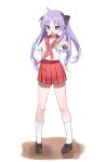  1girl absurdres angry full_body hand_on_own_hip highres hiiragi_kagami loafers looking_at_viewer lucky_star mingo0011 neckerchief open_mouth pink_neckerchief pink_skirt pleated_skirt pointing pointing_at_viewer purple_hair ryouou_school_uniform sailor_collar school_uniform serafuku shoes skirt socks twintails violet_eyes white_background white_socks winter_uniform 