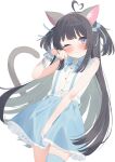  1girl ;3 ahoge animal_ear_fluff animal_ears bare_arms bare_shoulders black_hair blue_bow blue_skirt blue_thighhighs blush bow cat_ears cat_girl cat_tail closed_mouth collared_shirt frilled_skirt frills grey_eyes hair_bow hand_up heart heart_ahoge highres indie_virtual_youtuber long_hair looking_at_viewer multicolored_hair nekose_momoka one_eye_closed paw_pose ribbon shirt simple_background single_thighhigh skirt sleeveless sleeveless_shirt smile solo suspenders tail tail_raised thigh-highs tofu1601 two_side_up very_long_hair white_background white_shirt 