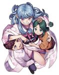  1boy 2girls beads blue_hair blue_nails brown_eyes brown_hair commentary_request crown green_eyes green_hair green_nails grin hair_beads hair_ornament hamada_yoshikazu highres japanese_clothes kagami_kazuya kimono kiriha_(tsugumomo) kukuri_(tsugumomo) long_hair looking_at_viewer mini_crown multiple_girls nail_polish obi official_art open_mouth parted_bangs pointy_ears red_eyes sash sidelocks simple_background smile teeth tsugumomo white_background 