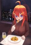  1girl ahoge blue_eyes breasts cityscape commentary_request cup eating food fork go-toubun_no_hanayome gomashiwo_o hair_between_eyes hair_ornament holding holding_fork large_breasts long_hair looking_at_viewer nakano_itsuki night night_sky open_mouth pasta plate redhead restaurant sitting sky solo star_(symbol) star_hair_ornament table window 