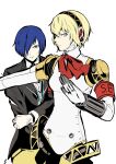  1boy 1girl aegis_(persona) android blonde_hair blue_eyes blue_hair bow closed_mouth gekkoukan_high_school_uniform hairband highres igusaharu joints looking_at_viewer persona persona_3 robot_joints school_uniform short_hair simple_background white_background yuuki_makoto_(persona_3) 