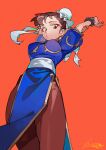  1girl absurdres arm_behind_head arm_up arms_up belt blue_dress breasts brown_eyes brown_hair brown_pants bun_cover china_dress chinese_clothes chun-li closed_mouth dated dress earrings from_below gold_trim hair_bun hair_ribbon highres jewelry linween looking_at_viewer looking_down medium_breasts pants pelvic_curtain red_background ribbon short_hair signature solo standing street_fighter stretching white_belt white_ribbon 