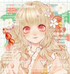  1girl artist_request blonde_hair bright_pupils chinese_text closed_mouth double_bun english_text eyelashes fan_hair_ornament flower flower_brooch food food_request freckles frilled_kimono frills fruit grid_background hair_bun hair_flower hair_ornament holding holding_food japanese_clothes kimono light_blush lipstick long_hair long_sleeves makeup mixed-language_text original pink_eyes pink_flower pink_kimono pink_sleeves red_lips ribbon sample_watermark simple_background smile solo source_request sparkling_eyes straight-on strawberry third-party_source upper_body watermark wavy_hair white_background white_flower white_pupils yellow_ribbon 