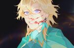  1boy aqua_shirt aventurine_(honkai:_star_rail) avidyae blonde_hair blood blood_on_face collared_shirt earrings hair_between_eyes highres honkai:_star_rail honkai_(series) jewelry male_focus shirt short_hair solo 