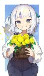  1girl alternate_costume blue_hair blue_overalls bucket fang flower gawr_gura harufude highres holding holding_bucket hololive hololive_english looking_at_viewer medium_hair multicolored_hair overalls shirt smile solo streaked_hair two_side_up virtual_youtuber white_background white_hair white_shirt 