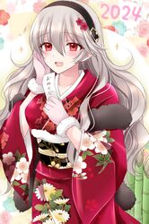  1girl 2024 :d bamboo black_hairband blue_flower breasts collarbone corrin_(female)_(fire_emblem) corrin_(fire_emblem) fire_emblem fire_emblem_fates floral_print flower fur-trimmed_gloves fur_trim gloves hair_flower hair_ornament hairband hands_up highres japanese_clothes kimono kirishima_riona long_sleeves looking_at_viewer medium_breasts obi pink_flower pink_gloves print_kimono red_flower red_kimono sash smile solo wide_sleeves 