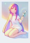  1girl absurdres chromatic_aberration cloudxmoe commentary flower full_body highres holding holding_flower long_hair long_shirt original purple_hair shirt signature sitting smile solo t-shirt very_long_hair wariza white_shirt yellow_eyes 