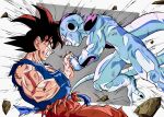  2boys absurdres alien bald battle battle_damage black_eyes black_hair black_nails blue_sash clenched_teeth colored_skin debris dougi dragon_ball dragon_ball_z dutch_angle emphasis_lines evil_smile facing_to_the_side frieza highres holding_hands looking_at_another male_focus multiple_boys muscular muscular_male oharu2000 orange_pants pants pushing red_eyes sash simple_background smile son_goku spiky_hair tail teeth toriyama_akira_(style) torn_cloth white_skin wristband 