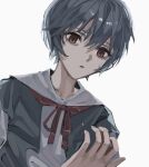  1girl ayanami_rei bad_id bad_twitter_id commentary_request crying from_below hair_between_eyes highres neck_ribbon neon_genesis_evangelion red_eyes red_ribbon ribbon school_uniform short_hair simple_background solo tears ulov390 upper_body white_background 