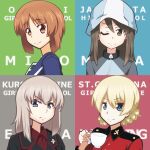  4girls ;) black_jacket blonde_hair blue_eyes blue_headwear blue_jacket braid brown_eyes brown_hair character_name closed_mouth cup darjeeling_(girls_und_panzer) dress_shirt frown girls_und_panzer grey_hair hat heiden highres holding holding_cup insignia itsumi_erika jacket keizoku_military_uniform kuromorimine_military_uniform long_hair long_sleeves looking_at_viewer medium_hair mika_(girls_und_panzer) military_uniform multiple_girls nishizumi_miho one_eye_closed ooarai_military_uniform raglan_sleeves red_jacket red_shirt shirt short_hair smile st._gloriana&#039;s_military_uniform teacup text_background track_jacket tulip_hat twin_braids uniform wing_collar 