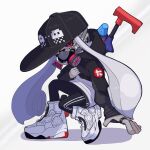  1girl baseball_cap black_headwear black_hoodie commentary eyelashes full_body gas_mask gun gun_on_back hat high_tops highres hood hoodie inkling_girl inkling_player_character long_hair looking_at_viewer mask mugi_com2 print_headwear red_eyes shoes simple_background sneakers solo splat_charger_(splatoon) splatoon_(series) splatoon_3 squatting tentacle_hair weapon weapon_on_back white_background white_footwear white_hair 