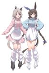  2girls :d admire_vega_(umamusume) animal_ears apron black_footwear blue_jacket bow braid brown_hair curren_chan_(umamusume) ear_bow ear_covers full_body grey_hair highres horse_ears horse_girl horse_tail inline_skates jacket katuko_deluxe long_hair long_sleeves looking_at_viewer loose_socks low_twin_braids maid_apron multiple_girls official_alternate_hairstyle pink_jacket pink_skirt red_bow roller_skates short_hair simple_background single_ear_cover skates skirt smile socks tail track_jacket twin_braids umamusume umamusume:_road_to_the_top violet_eyes white_apron white_background white_footwear white_socks 